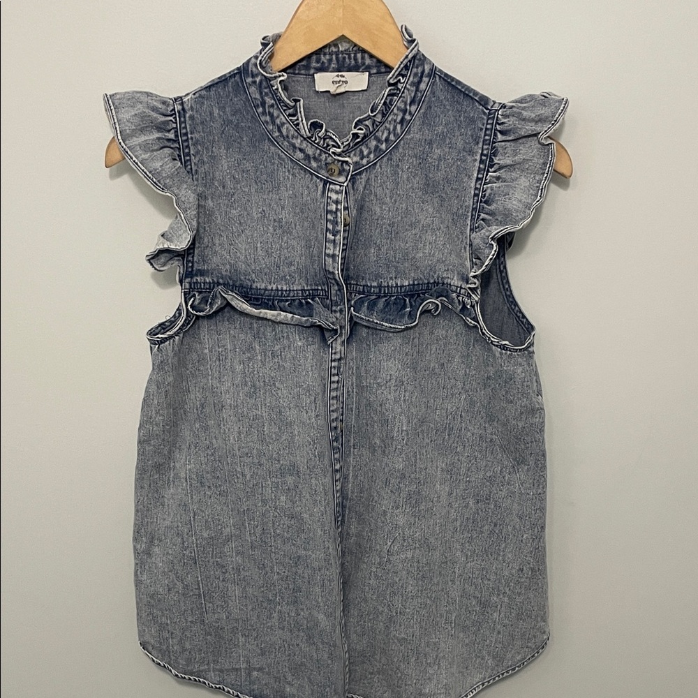 Denim Sleeveless Ruffle Top